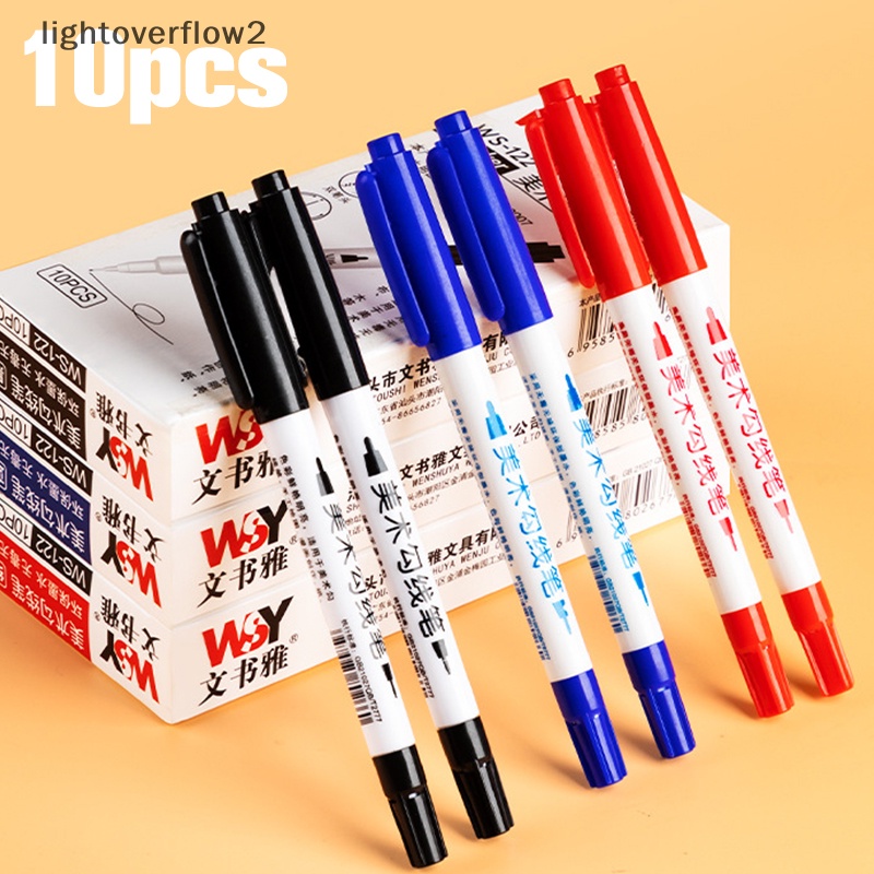 [lightoverflow2] 10pcs Pen Garis Berkepala Dua Paing Stroke Hook Line Berminyak Tahan Air Spidol Pulpen Serat Tahan Aus Pena Tinta Seni Alat Tulis Kantor [ID]