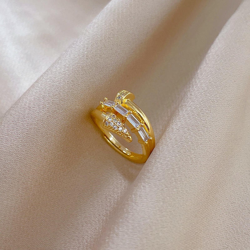 Xiaoboacc Fashion Wanita Berlapis Emas Geometris Terbuka Cincin Gadis Angin Dingin Berlian Jari Telunjuk Cincin