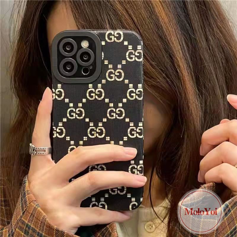 IPHONE Stiker Tekstur Kulit Gaya Eropa Dan Amerika Case Kompatibel Untuk Iphone7 8 Plus XR X XS Max13 11 14 12 Pro Max 7Plus 8Plus Lembut Shockproof Trendi Merek G.U.C.C.I Cover