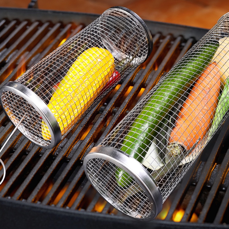 Keranjang Panggangan Makanan Stainless Steel Bulat BBQ Mesh Barrel Dengan Pegangan Tahan Panas Panggang Rolling Cylinder Portable Efisien Alat Masak