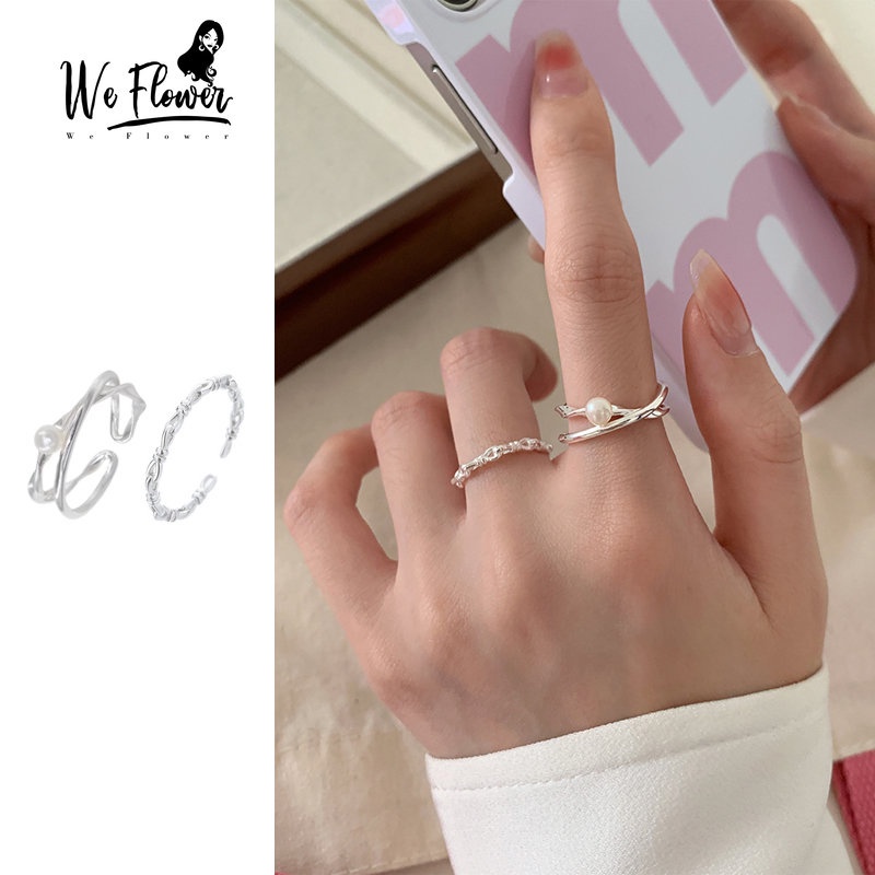 Kami Bunga Korea Trendi s925 Perak Cross Mutiara Cincin Untuk Wanita Gadis Elegan Geometris Berongga Simpul Rings Fashion Jari Perhiasan Aksesoris