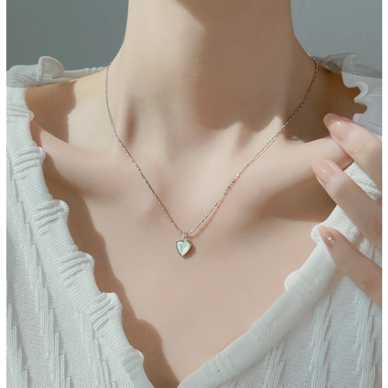 Papaozhu Vintage Perak Shiny Moonstone Heart Pendant Kalung Untuk Wanita Gadis Elegan Cinta Pesona Kalung Chic Tulang Selangka Rantai Perhiasan Aksesoris