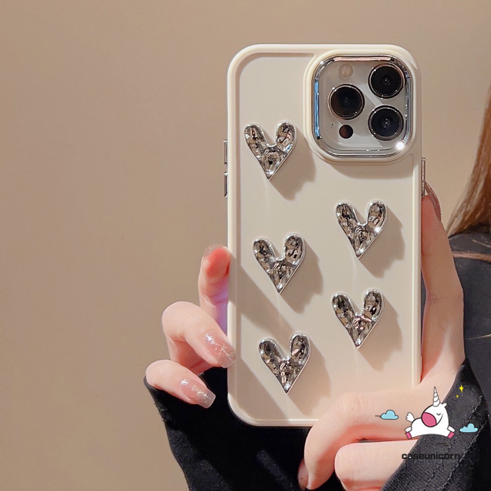 Mewah Lanjutan 3D Love Heart Plating Square Case Kompatibel untuk iPhone 7Plus 13 11 XR 14 12 Pro MAX X 8Plus XS MAX Fashion Sederhana Warna Solid Macaron Warna Permen Penutup Ponsel Lembut