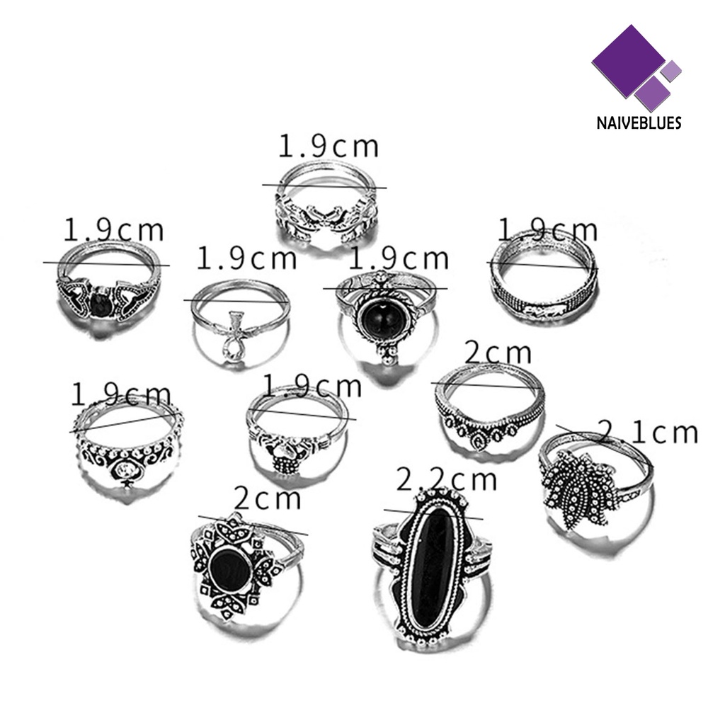 &lt; Naiveblues &gt; 11Pcs/set Cincin Knuckle Jantung Dapat Ditumpuk Paduan Bohemia Hitam Cincin Jari Imitasi Aksesori