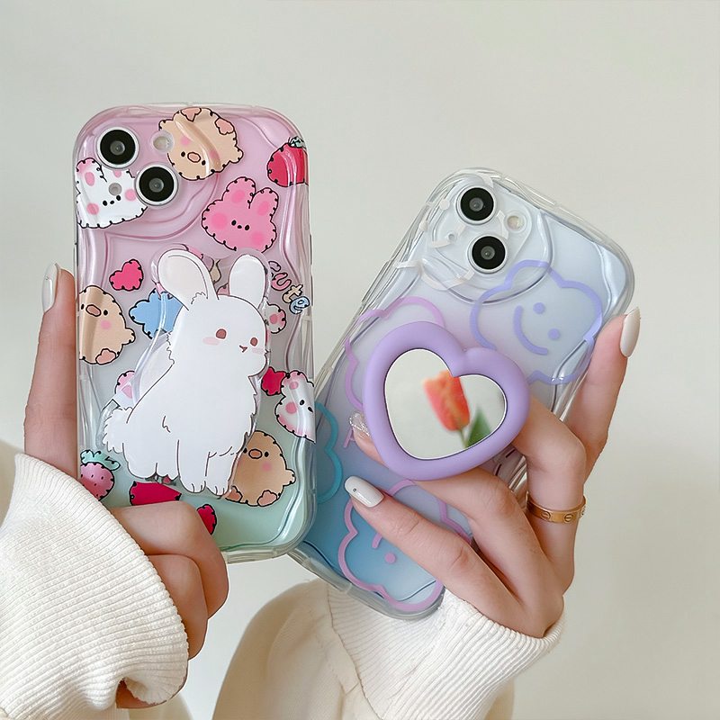 Popsocket Cute Strawberry Bunny Flower Smile Clear Wave Soft Case HP iP iPhone X XS XR 11 12 13 14 Pro Max Woman Girl FTD Casing Apple