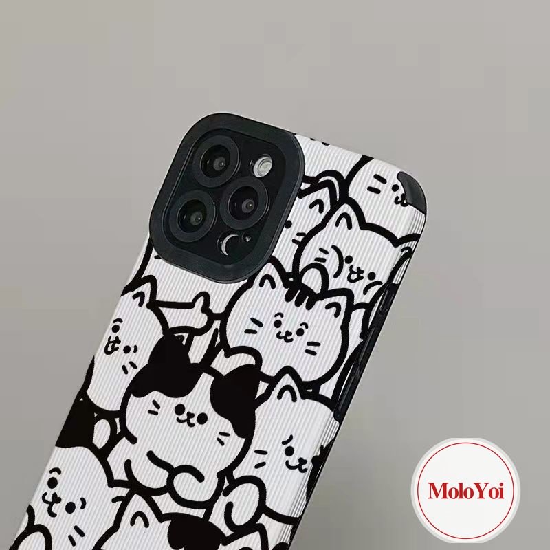 IPHONE Casing Ponsel Hitam Putih Tekstur Kulit Mewah Kompatibel Untuk Iphone11 Pro Max XR XS X Max 7Plus 11 14 13 12 Pro Max8 7 Plus Shockproof Kartun Kucing Lucu Soft Cover