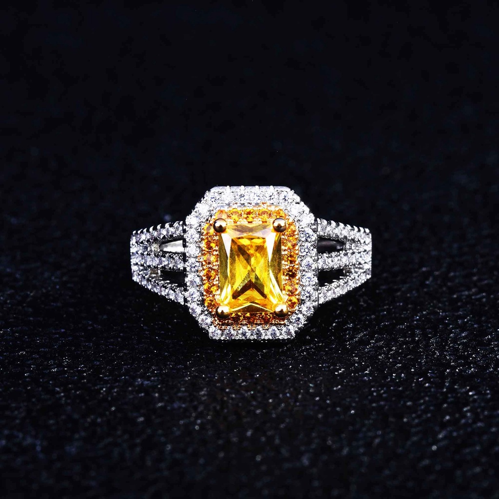 Goldkingdom Fashion Perhiasan Aksesoris Ready Stock Persegi Panjang Kuning Berlian Cincin Indah Persegi Kekayaan Atraksi Berlian Kuning Pembukaan Warna-Warni Harta Cincin Perempuan