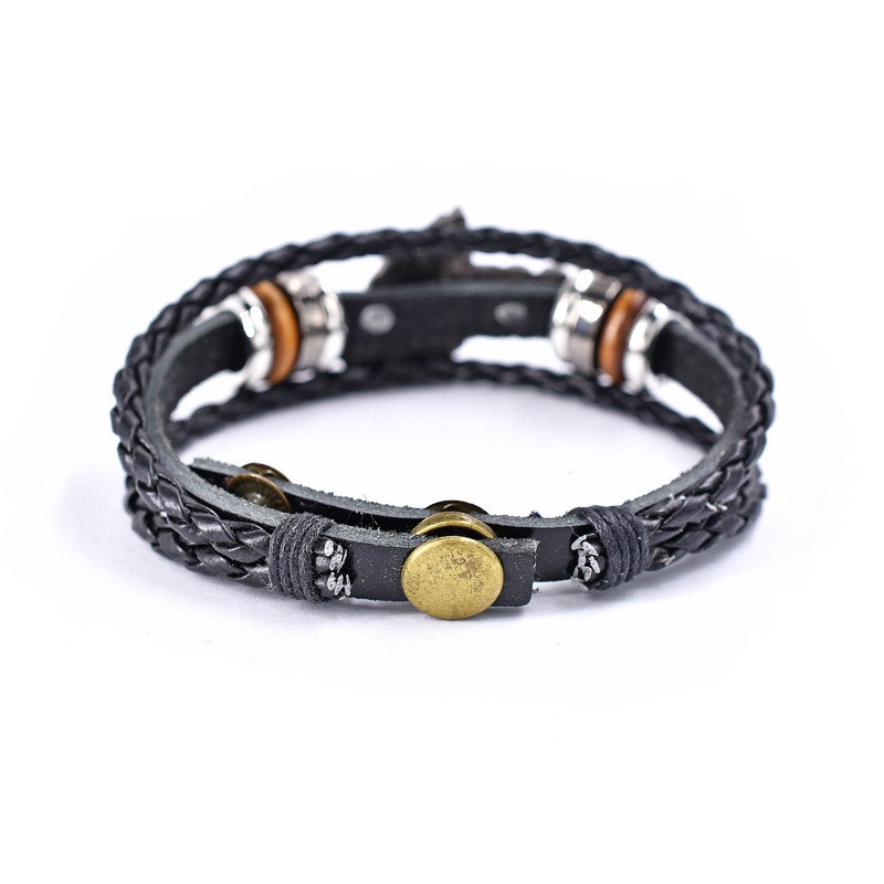 [X C Gelang] Baru Doa Allah Tangan Gelang Kulit Hitam Vintage Hip Hop Punk Gelang Kulit Lengan Manik-Manik Multilayer Zinc Alloy Anyaman Gelang