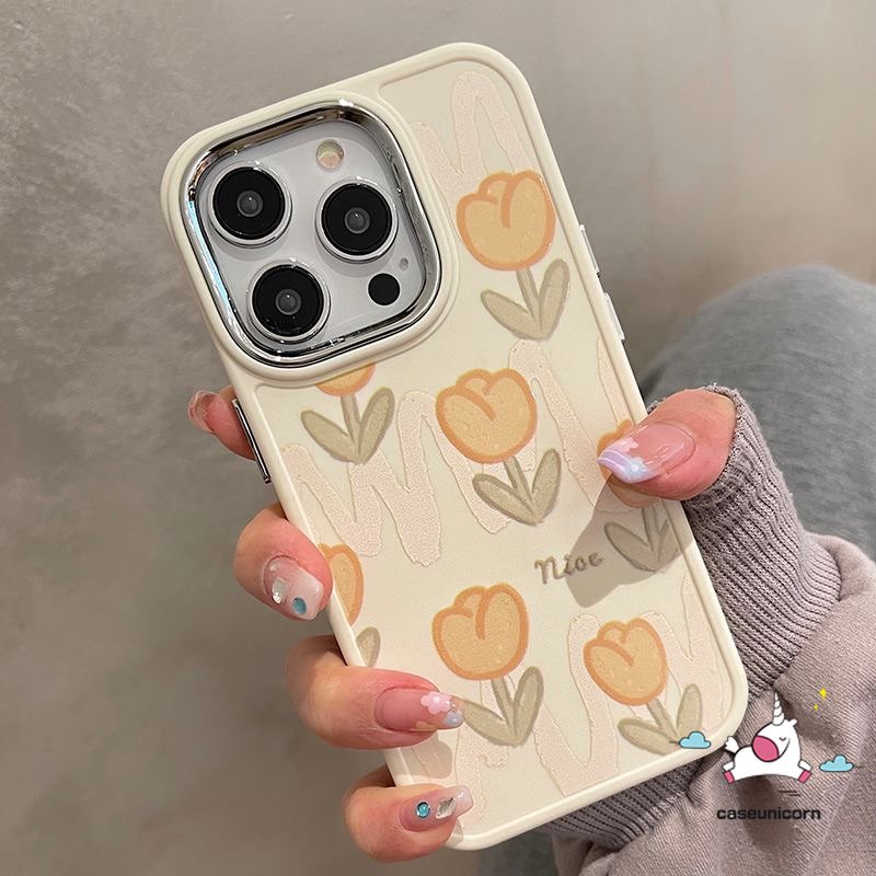 Casing Ponsel Kompatibel Untuk IPhone 7plus 8plus XR 11 14 12 13 Pro MAX X 7 8 Plus XS MAX Fresh Bunga Tulip Mewah Plating Electroplate Bingkai Lensa Logam Shockproof Soft Cover