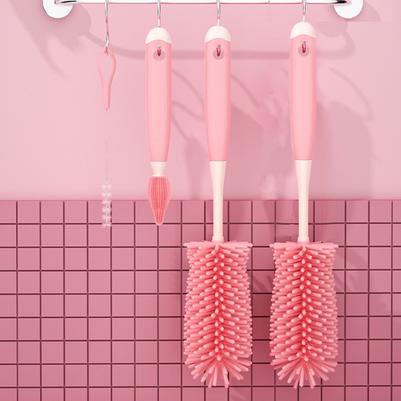 3pcs/set Sikat Botol Bayi Baru Lahir Rotasi 360derajat Sikat Pembersih Gagang Panjang Nipple Cup Cleaning Set Silikon Dot Cup Brush Food Grade Nipple Dropper Brushes