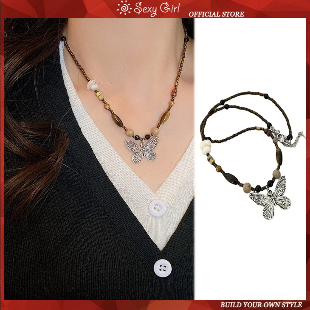 Kalung Kupu-Kupu Manik-Manik Vintage Batu Alam Cina Rantai Pengaman Kadar Tinggi Baru Untuk Wanita Perhiasan Gadis Seksi