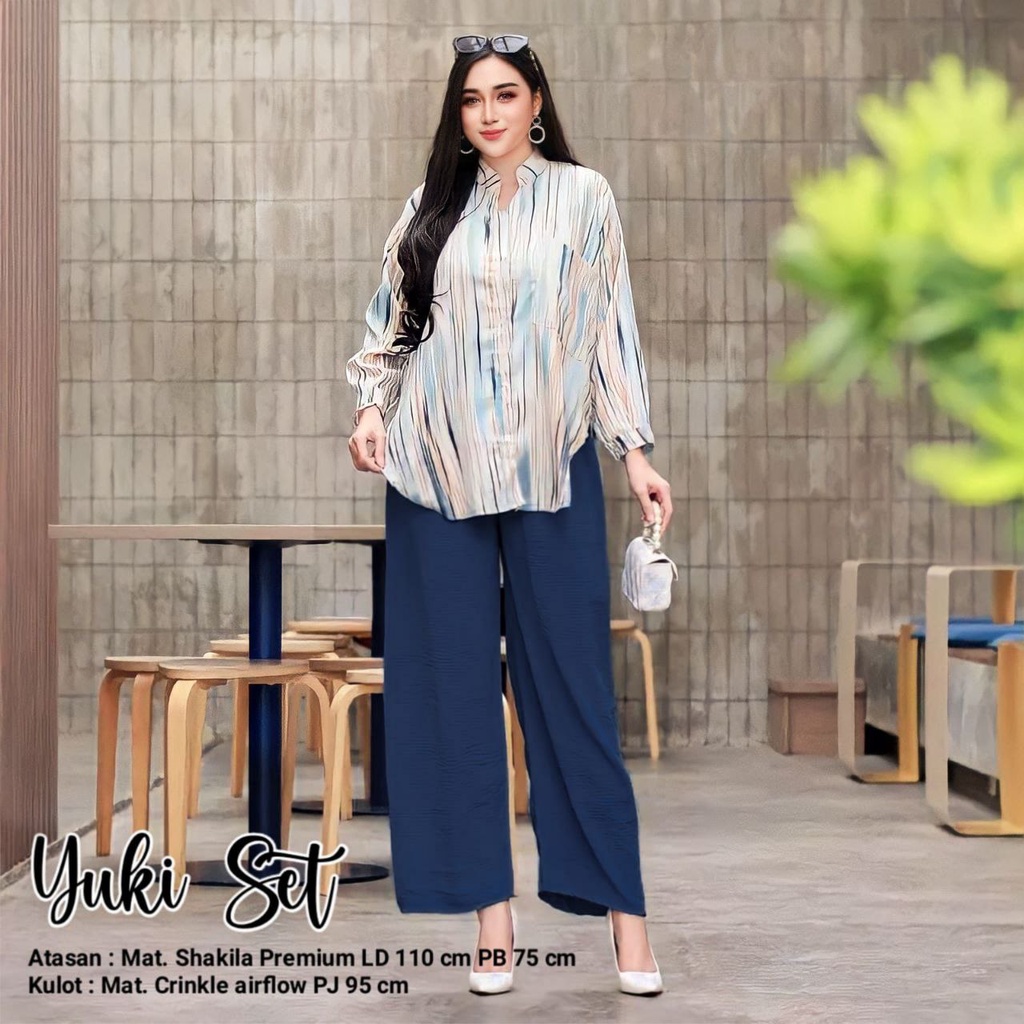 Yuki Set - One Set Wanita Shakila Twill Premium Setelan Baju Lengan 7/8 Set Celana Semi Kulot Kekinian LD 110 cm