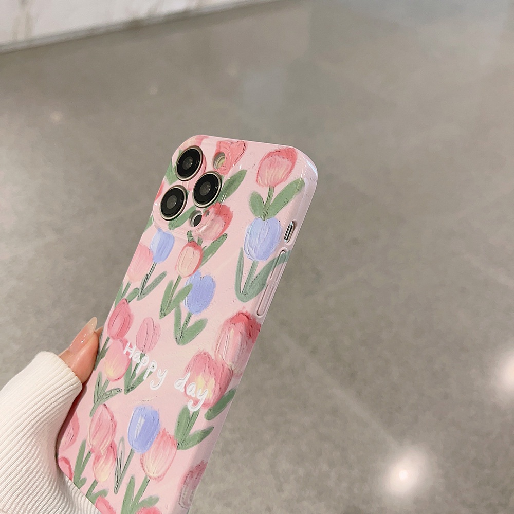 IPHONE Musim Semi Happy Day Pink Sea of Tulip Hard Pelindung Ponsel Belakang Film Anti Luntur Cover Untuk Iphone7 8 PLUS X XR XS 11 12 13 14 PRO MAX Se2020