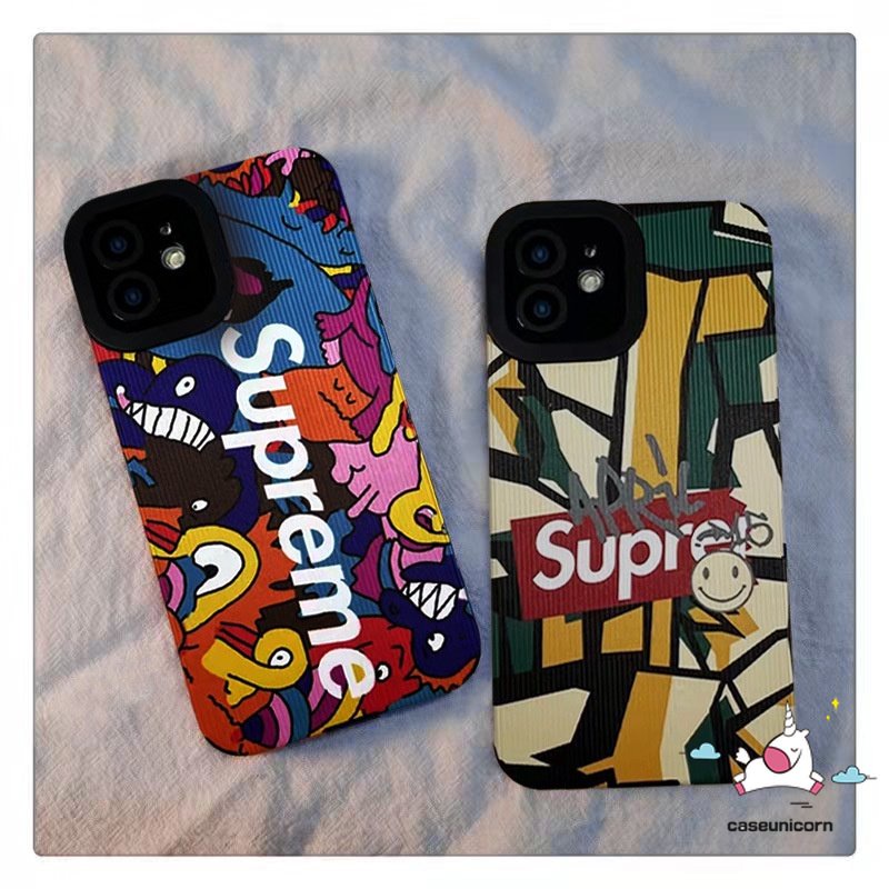 Casing Kartun Graffiti Lucu Kompatibel Untuk iPhone 7Plus 11 14 13 12 Pro MAX XR 7 8 Plus X XS MAX Trendi Merek Supre. me Kreatif Pelangi Shockproof Mewah Tekstur Kulit Soft Cover