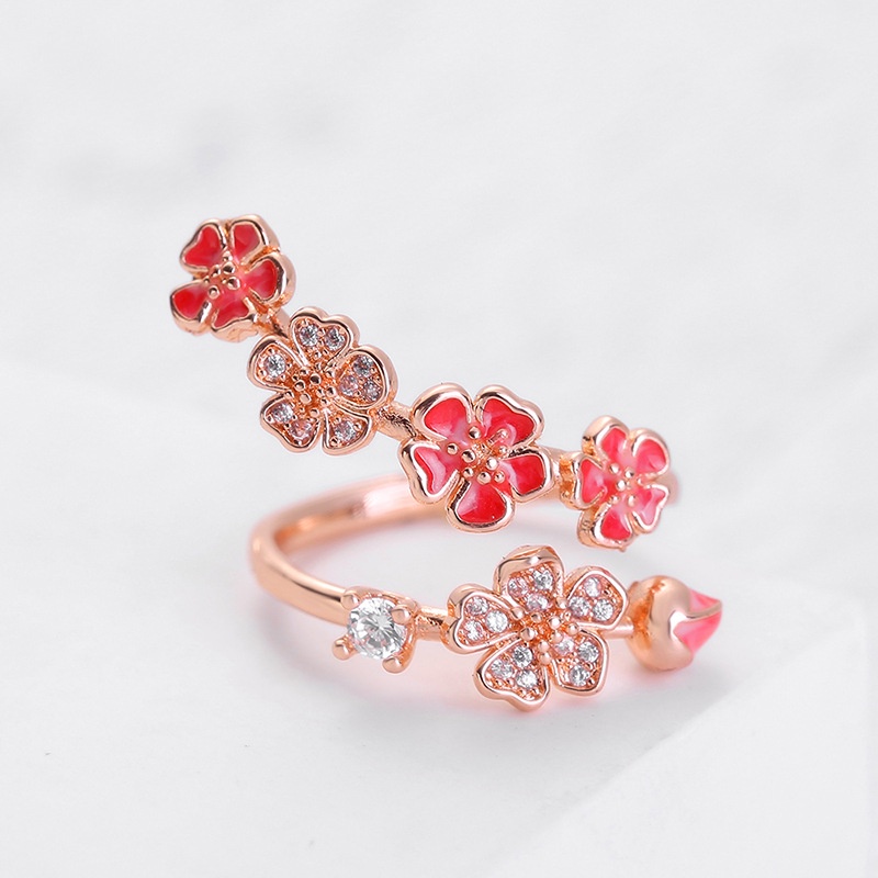 Goldkingdom Fashion Perhiasan Aksesoris Ready Stock Kreatif Penuh Berlian Bunga Cincin rose gold drop Lem enamel Cincin Perempuan Cincin