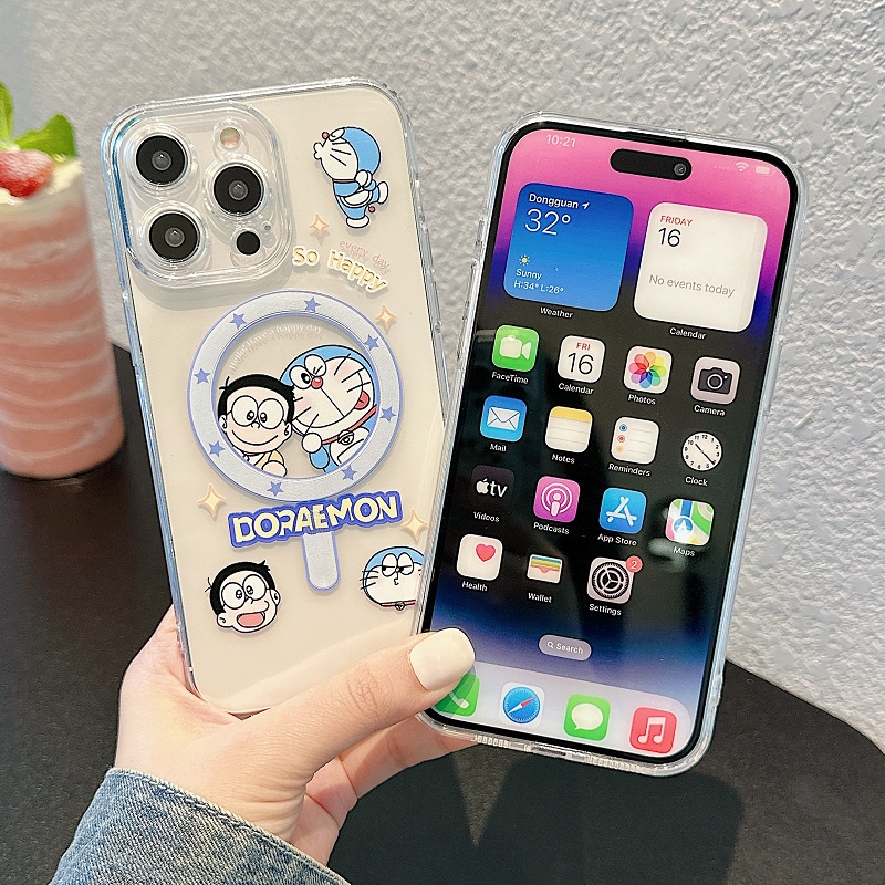 IPHONE Untuk Iphone14 13 12 11 Pro Max Kartun Crayon Shin-chan Cute Doraemon Transparan Perlindungan Hisap Magnetik soft Case