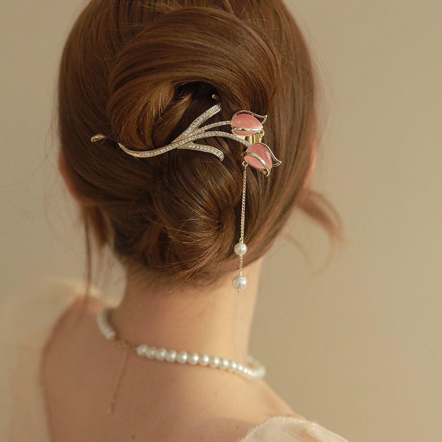 Bunga Tulip Alloy S-shaped Hair Clip Fashion Berlian Imitasi Mutiara Jumbai Jepit Rambut Wanita Aksesoris Rambut