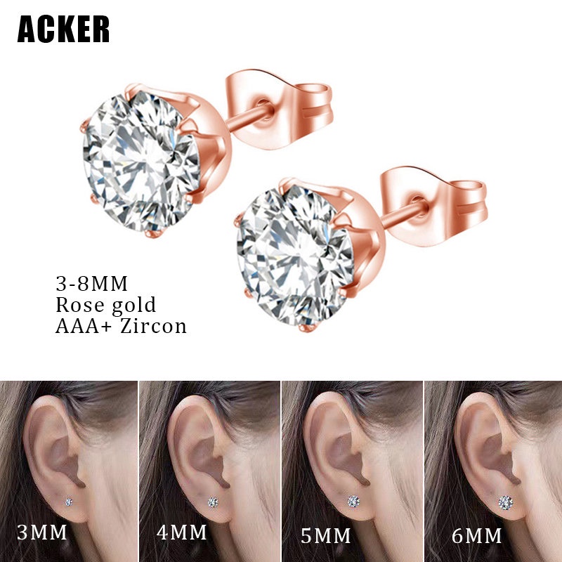 [ACKER] 3-8mm 1pasang Anting Tusuk Rose Gold Titanium Stainless Cubic Zirconia Diamond AAA+Zircon Untuk Wanita/Pria