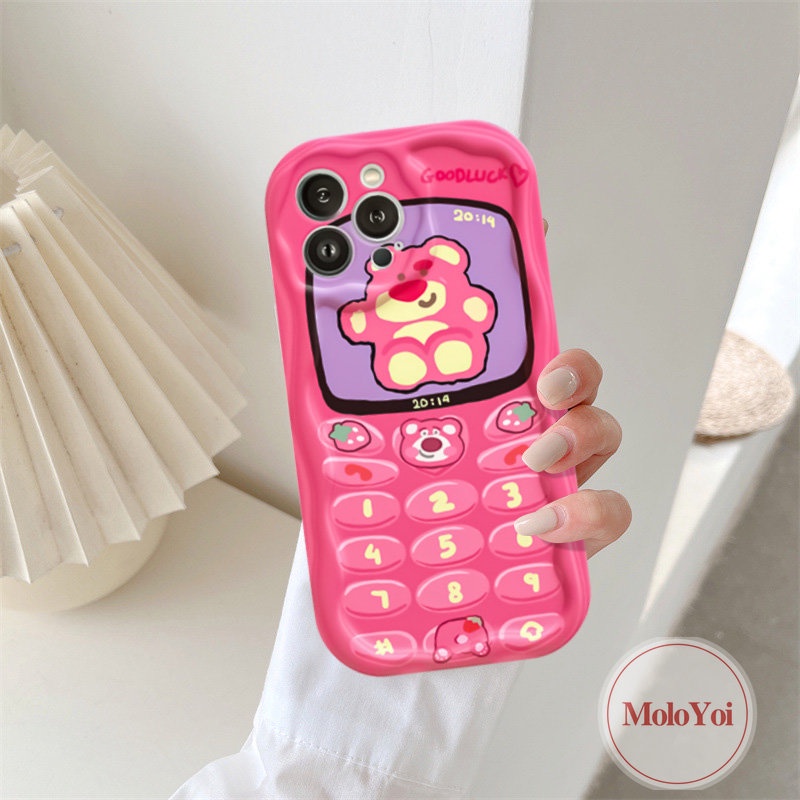 Case Beruang Strawberry Buaya Kartun Lucu Kompatibel Untuk IPhone XR XS X Max 6 6s 7 8 Plus 11 12 14 13 Pro Max SE 2020 Ponsel Kreatif Tombol Pasangan 3D Wavy Curved Edge Soft Cover