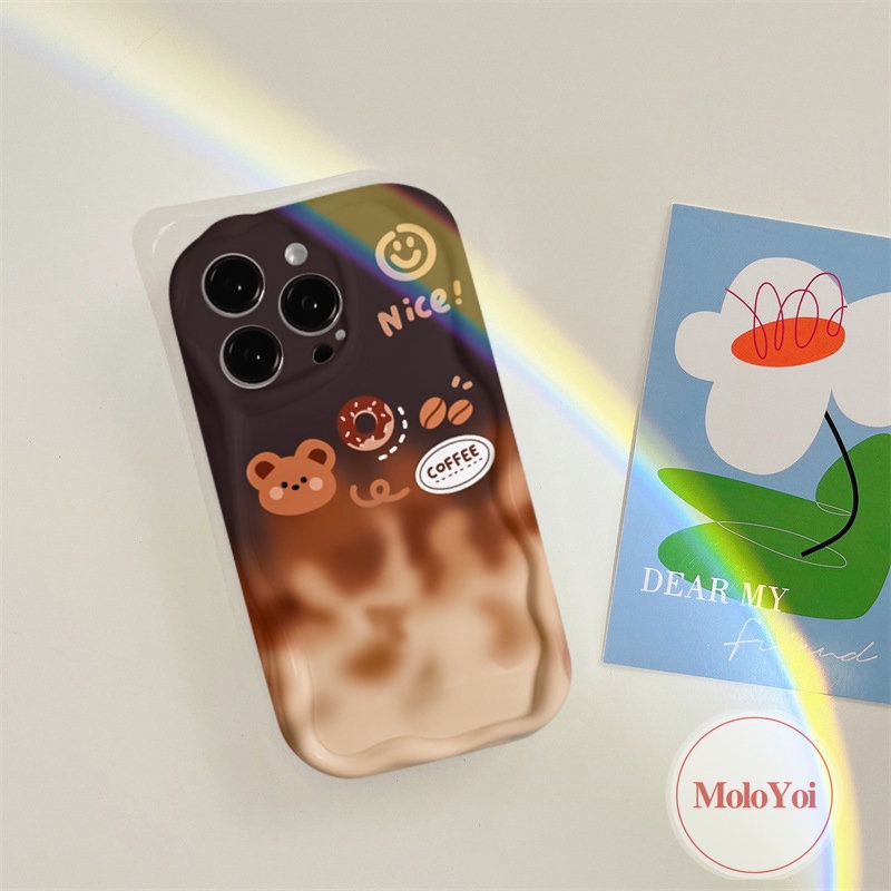 IPHONE Smiley Coffee 3D Wavy Curved Edge Glossy Case Kompatibel Untuk Iphone11 12 13 14 Pro Max XR X XS Max 7Plus 8 6s 6 7 Plus SE 2020 Lucu Kartun Beruang Gradien Telepon Tpu Soft Cover