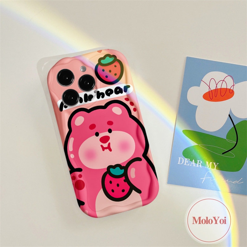 Soft Tpu Cute Winnie The Pooh Case Kompatibel Untuk IPhone XR X XS Max7 6 8 6s Plus 11 13 12 14 Pro Max 7Plus SE 2020 Kartun Strawberry Bear Manyo 3D Wavy Curved Edge Glossy Cover