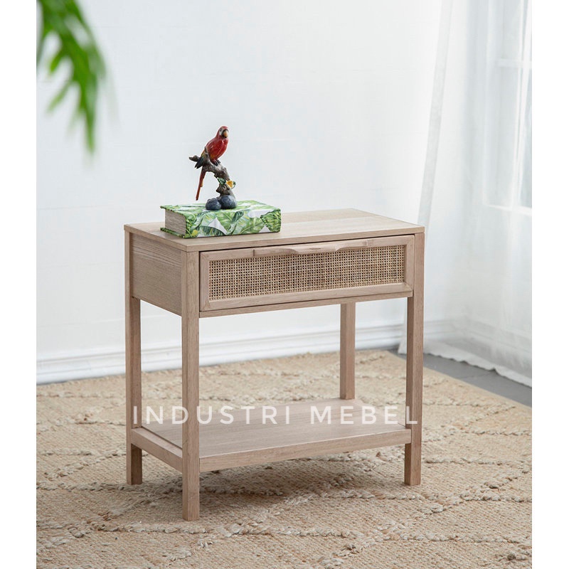 Meja Nakas Rotan Jati Minimalis Unik Modern - Meja Samping Retro Scandinavian - Meja Kecil Rotan