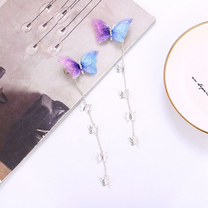 Benang Korea Elegan Kupu-Kupu Jepit Rambut Logam Rumbai Panjang Hairgrips Net Merah Aksesoris Rambut Pesta Combo Hair Clip