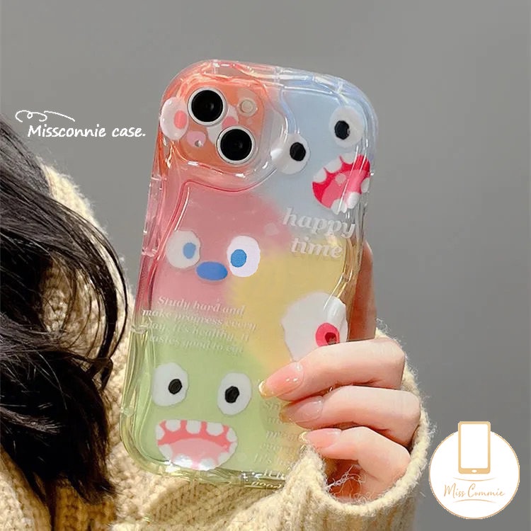 IPHONE Case Monster Kecil Kartun Lucu Kompatibel Untuk Iphone11 14 13 12 Pro Max7 8 6 6s Plus XR X XS Max 7Plus SE 2020 3D Wavy Curved Edge Soft Cover Dengan Braket Stand Ponsel