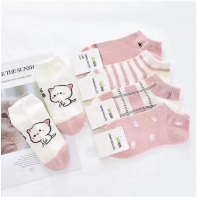 BAJ Kaos Kaki Wanita Pendek Motif Kartun Kucing Lucu Pink Cat Ankle Socks Unisex SS242