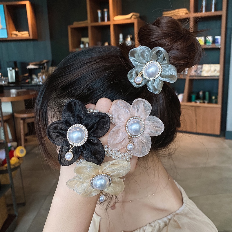 Versi Korea Organza Bunga Mutiara Rambut Cincin Peri Temperamen Aksesoris Rambut Kepala Bunga Ikat Rambut Karet Gelang Kepala Tali Perempuan Hiasan Kepala