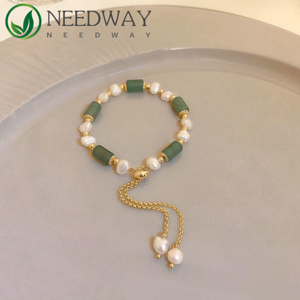 Needway   Gelang Perempuan Rantai Mutiara Temperamen Mewah Semoga Beruntung Giok Keren Gelang Gaya Korea