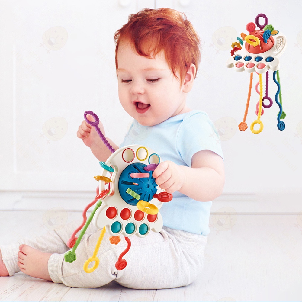 Lacoo Mainan edukasi teether bayi BPA free Pop it teether bayi tarik panjang Mainan gigitan bayi silikon