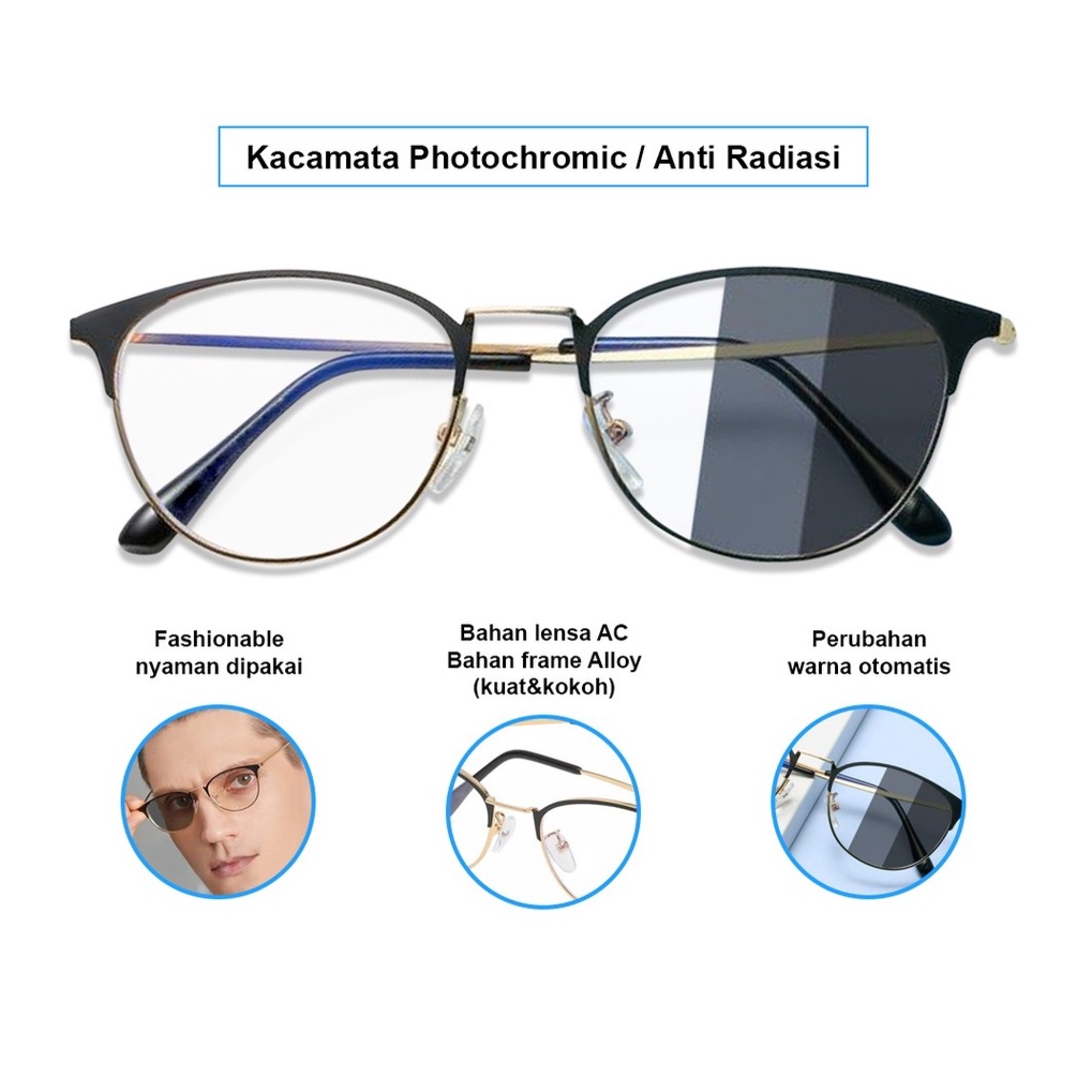 Kacamata Lensa Photocromic Anti Radiasi Wanita Pria Kacamata Bingkai Titanium Perubahan Warna Photochromic