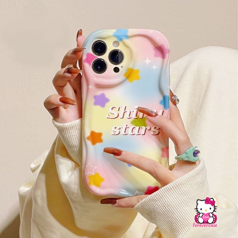 Casing 3D Wavy Curved Edge Glossy Shockproof Kompatibel Untuk IPhone XR XS X Max7 8 6s 6 Plus 11 Pro Max12 14 13 Pro Max SE 2020warna Warni Kartun Bintang Huruf Soft Cover