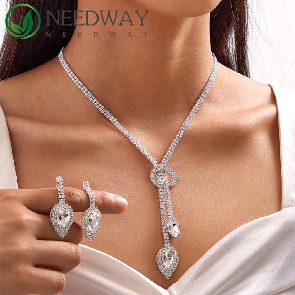 Needway  Set Perhiasan Pengantin Trendi 1set Indah Besar Tetesan Air Pernikahan Rumbai Manis Unik Mengkilap Wanita Choker