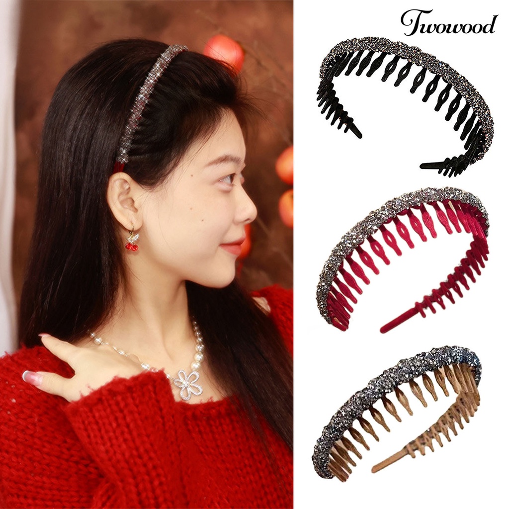 Twowood Lady Wavy Headband Non-slip Berlian Imitasi Mengkilap Bergigi Narrow Band Rambut Bezel Cuci Muka Lady Hair Hoop Aksesoris Rambut