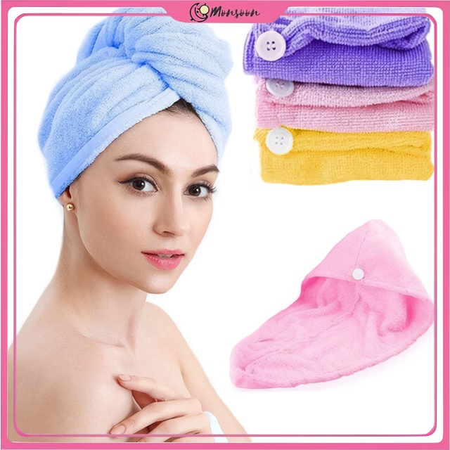 MONSOON - D6096 Handuk Kepala Keramas Microfiber / Handuk Keramas Cepat / Handuk Kepala Keramas H858 / Handuk Pengering Rambut Berkancing