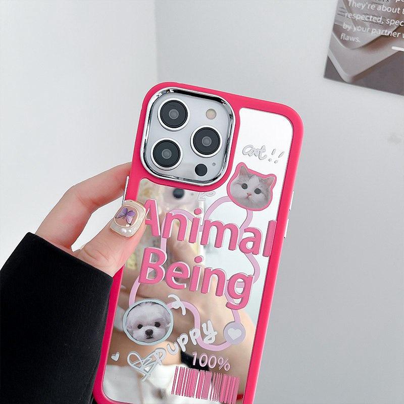 IPHONE Semua Baru Cermin Make up Sangat Lucu Pink Anjing Kucing Peliharaan Silikon Soft Case Iphone11 12 13 14 Pro Max Hadiah Fashion Wanita Kamera Elektroplated Merah Muda Merah Gadis Telepon Kasus Hewan Being