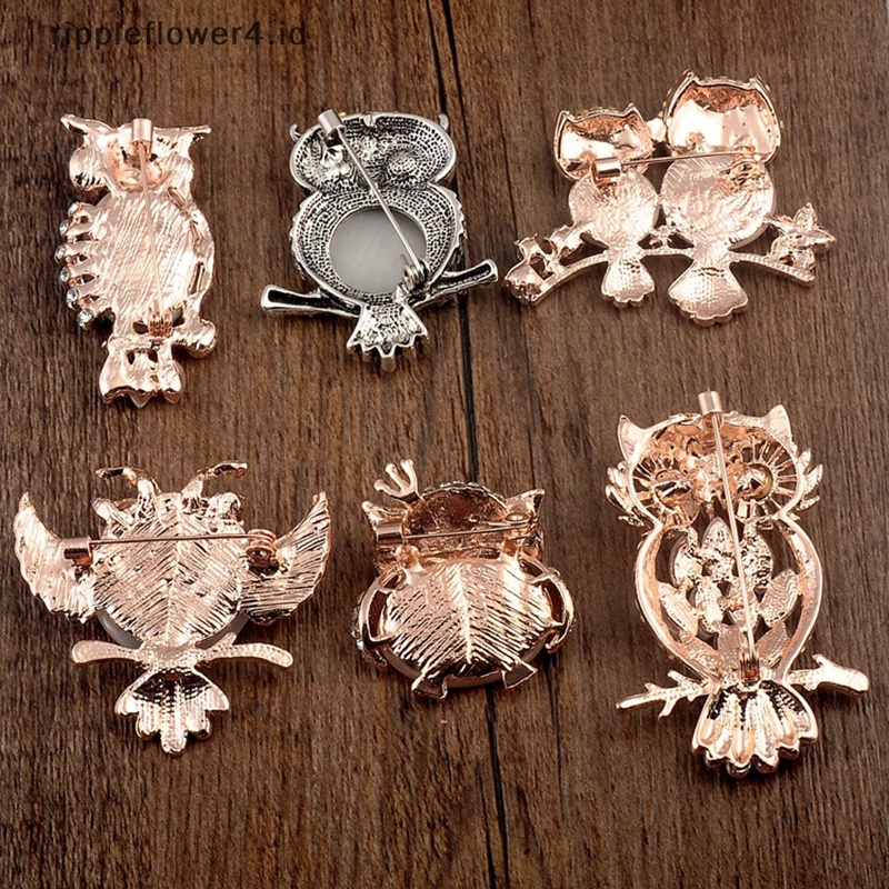 {rippleflower4.id} Indah Warna Kartun Bertatahkan Kristal Opal Batu Burung Hantu Bros Hewan Pin Syal Pin Up Gesper Femininos Bros Pasangan Kerah Perhiasan Pin~