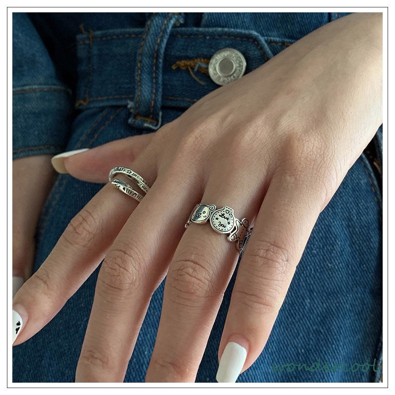 Grafiti Perak Gingerbread Man Cincin Terbuka Adjustable Ring Retro Korea Vintage Gaya Untuk Pria Dan Wanita-Won