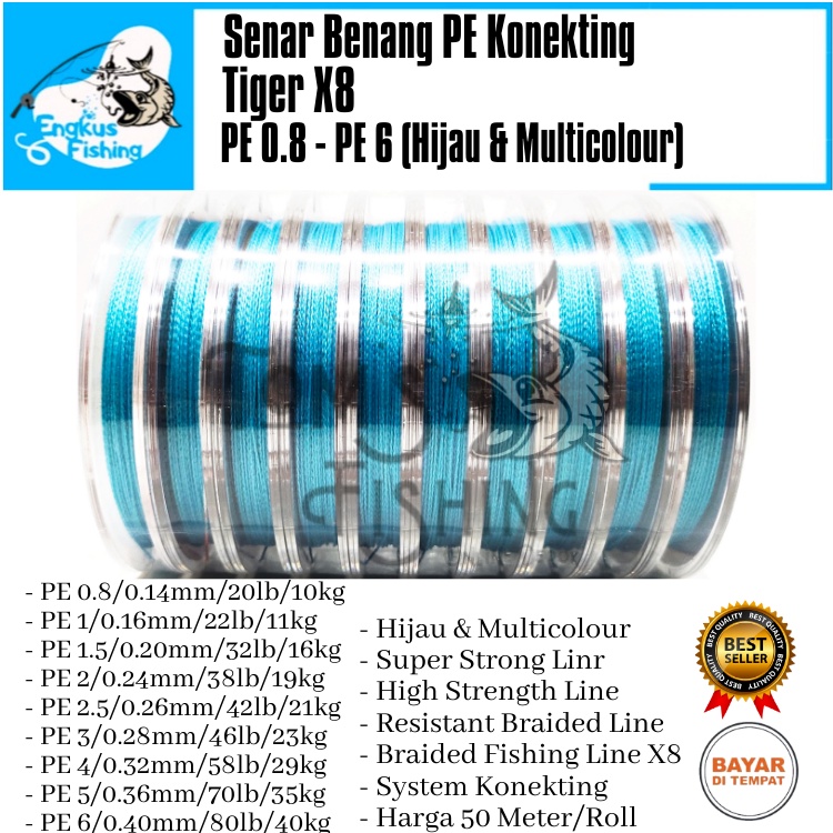 Senar Benang Pancing PE TIGER X8 Braid 50M/Roll (PE 0.8-PE 6) Multicolor Murah - Engkus Fishing