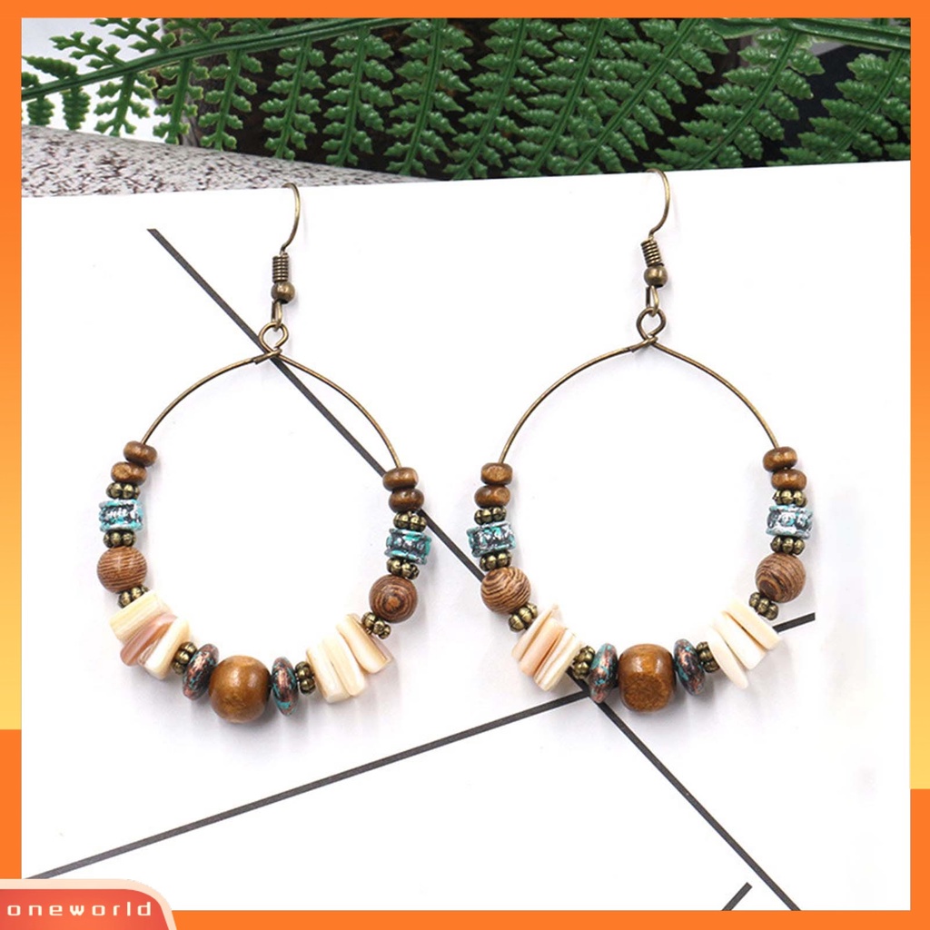 [WOD] 1pasang Shell Berlebihan Retro Anting Paduan Manik-Manik Kayu Bulat Anting Boho Fashion Perhiasan