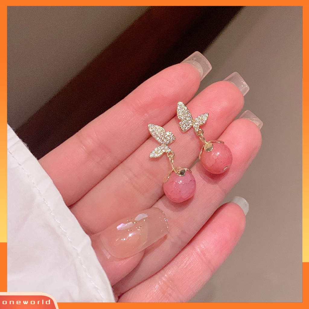 [WOD] 1pasang Wanita Stud Earrings Faux Opal Bentuk Kupu-Kupu Shiny Rhinestones Jewelry Bright Luster Drop Earrings Natal Perhiasan Hadiah