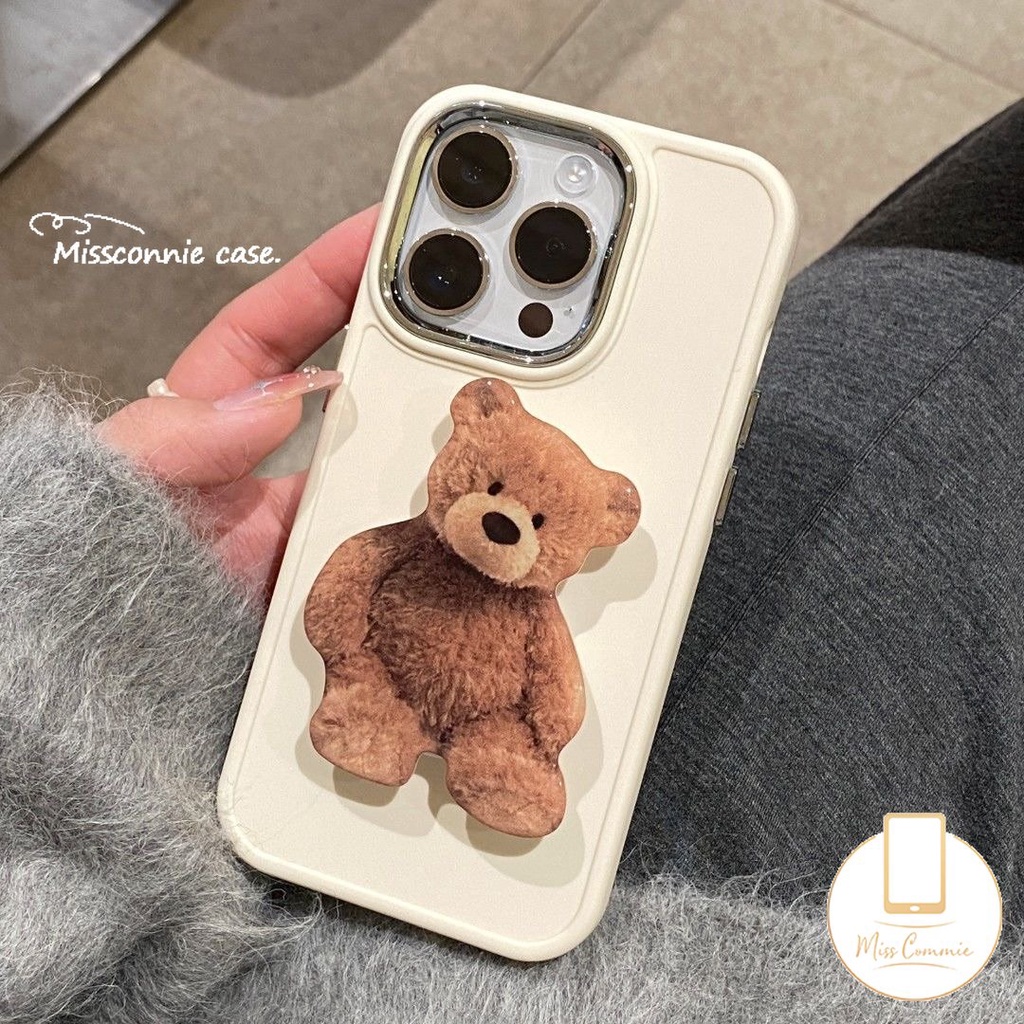 IPHONE Case Bingkai Lensa Logam Plating Warna Solid Sederhana Kompatibel Untuk Iphone7 8 Plus11 14 12 13 Pro MAX X XR XS MAX Soft Cover Dengan Beruang Lucu Puppy Pisang Kentang Goreng Bracket Aksesoris