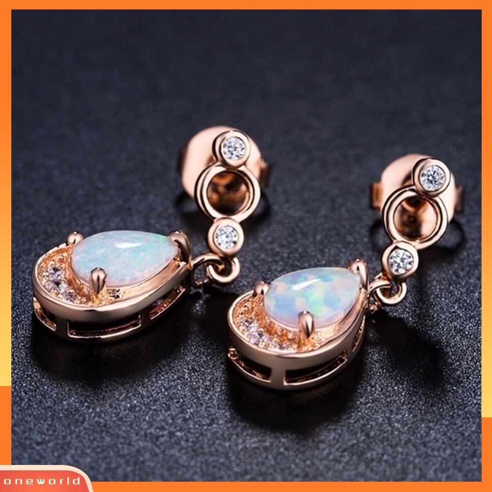 [WOD] Wanita Bling Berlian Imitasi Hias Imitasi Opal Droplet Pendant Stud Earrings Perhiasan