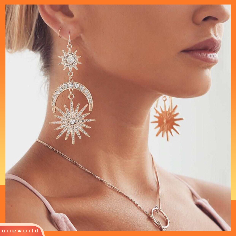 [WOD] Mewah Matahari Bulan Drop Anting Berlian Imitasi Mengkilap Ear Hook Boho Statement Jewelry