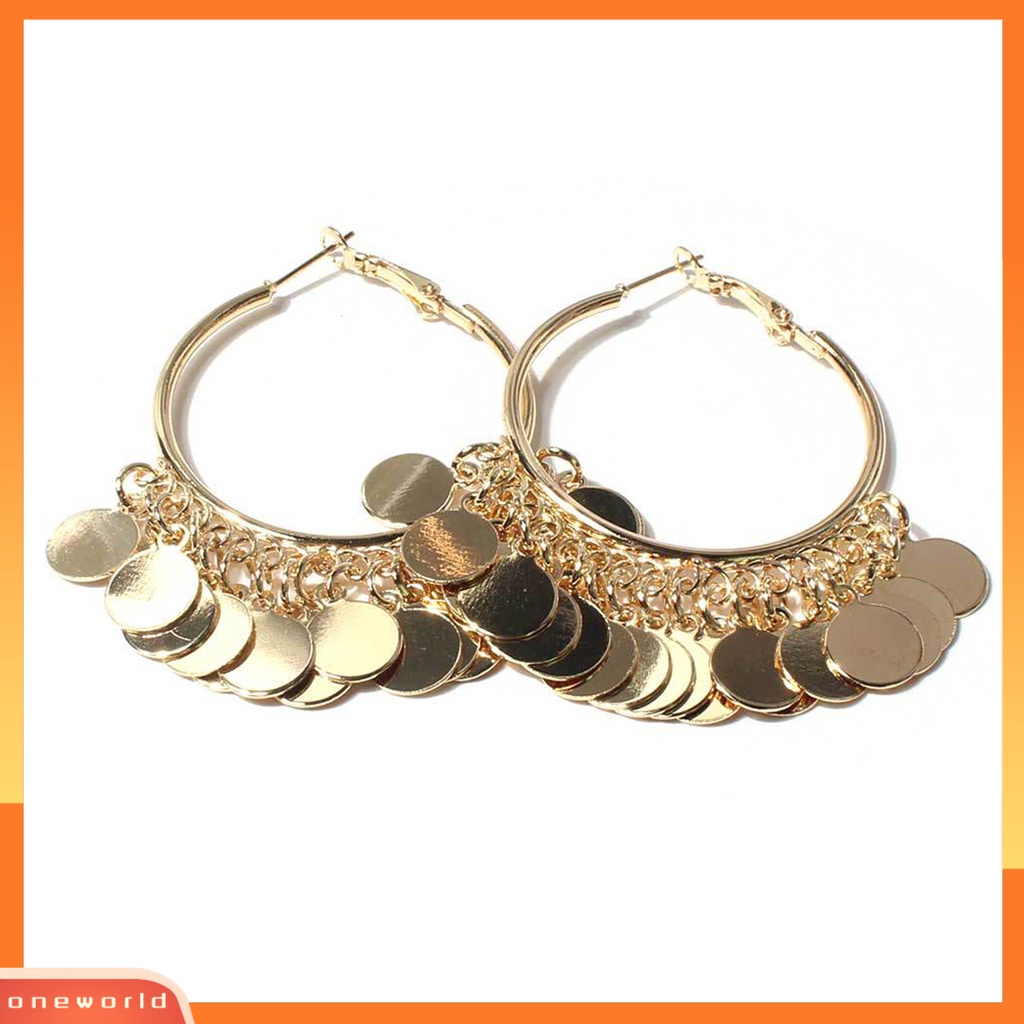 [WOD] 1pasang Anting Hoop Paduan Warna Solid Bulat Rumbai Payet Club Earrings Perhiasan Pesta
