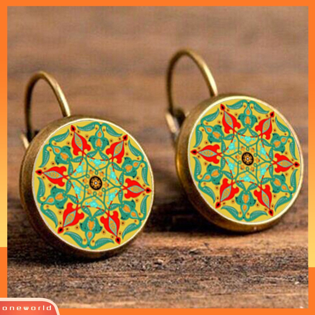 [WOD] Multicolor Mandala Bunga Lingkaran Permata Imitasi Ear Studs Wanita Leaverback Earrings