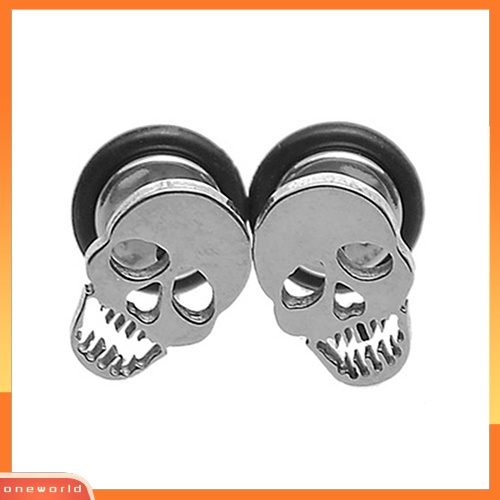 [WOD] 1pasang Unisex Punk Gothic Stainless Steel Barbel Tengkorak Telinga Studs Anting Perhiasan