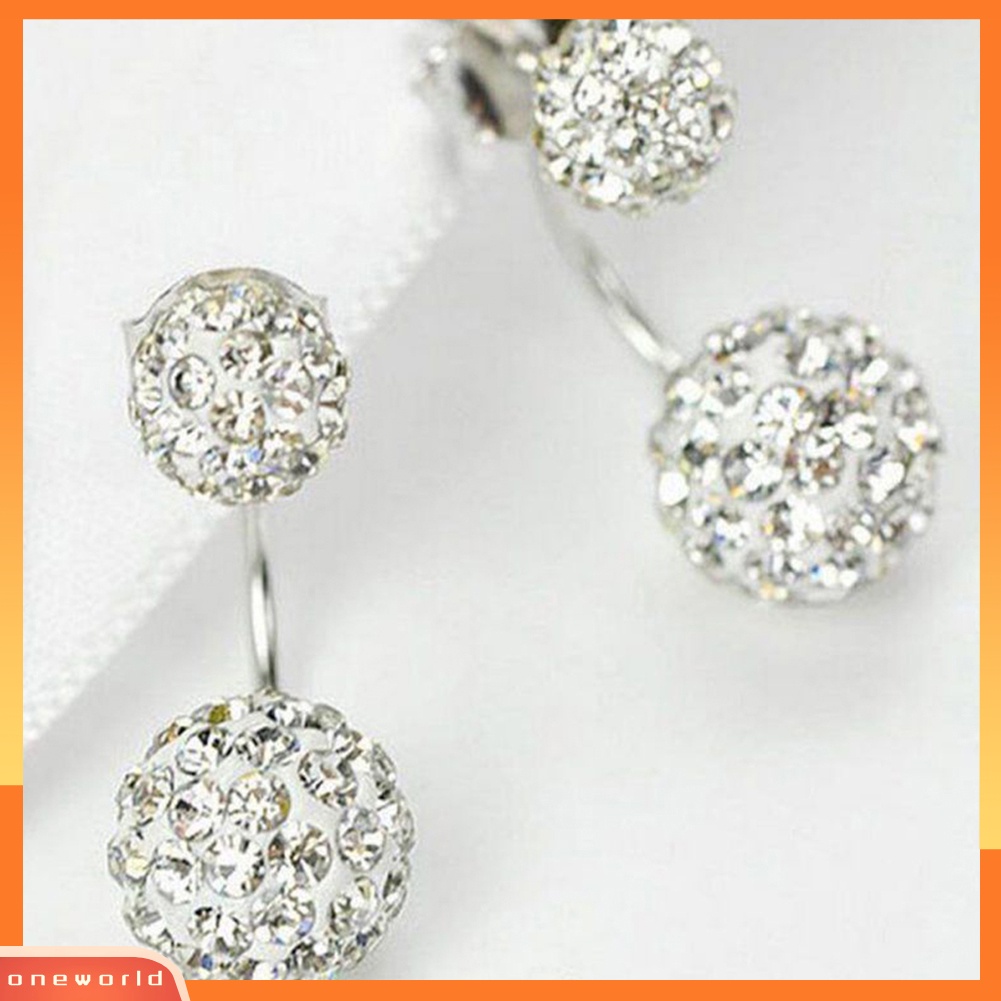 [WOD] 1pasang Perhiasan Wanita U-shape Double Beaded Rhinestone Ball Stud Earrings